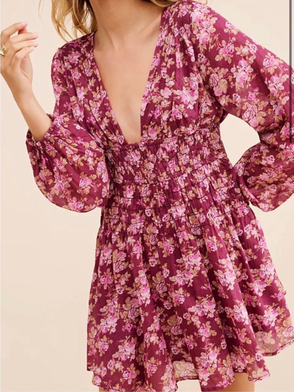 Free People Berry Floral Smocked Mini Dress